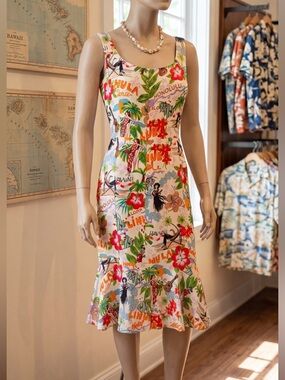 David Meister White Multi Tropical-Print Scoop-Neck Midi Dress